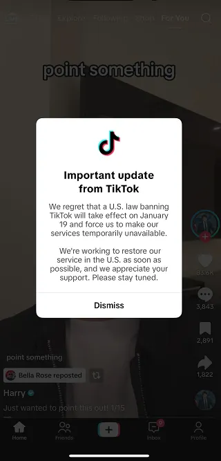 Read more about the article TikTok Warns Us Users of ‘Temporary’ Ban Beginning Sunday